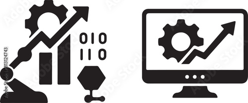 Bar Chart Merging with Gear and Arrow Symbol in Minimal Clean Vector Business Analytics Icon Style.