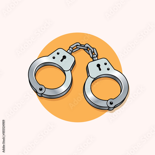 A shiny pair of metal handcuffs connected by a short chain, illustrated in a clean cartoon style against a soft background circle.