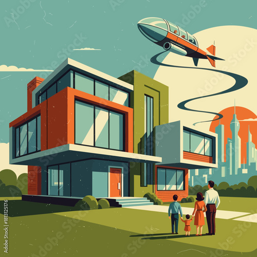 Family of the Future Admiring Their Modernist Home and Flying Car.