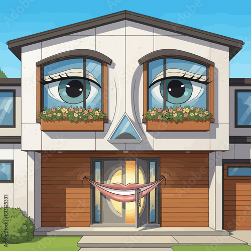 Whimsical House with Human-like Features and Expressive Eyes.