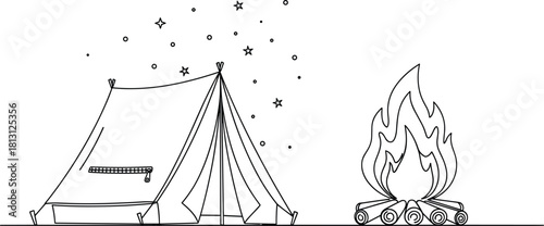 Continuous Line Art Vector Illustration of a Campsite with a Tent and a Burning Campfire Under the Stars, Symbolizing Outdoor Adventure, Wilderness, and Relaxation