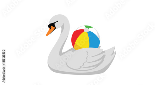 A graceful white swan with an orange beak carries a colorful beach ball on its back, symbolizing summer fun and aquatic recreation.