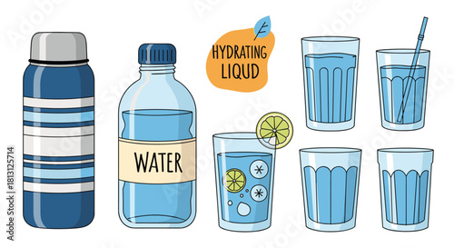 Various options for staying hydrated, including a thermos, a labeled water bottle, and several glasses of water, some with fruit and a straw.