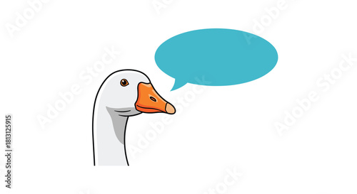An engaging illustration of a white goose with an orange beak, featuring an empty blue speech bubble, perfect for adding text to express ideas or dialogues.