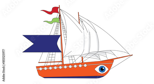 A stylized sailing ship, featuring an orange hull with a blue eye, multiple masts, sails, colorful flags, and a large blue pennant.