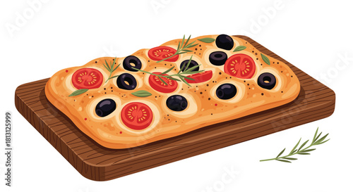 Delicious homemade focaccia bread with fresh cherry tomatoes, black olives, and rosemary sprigs on a rustic wooden board, ready to eat.