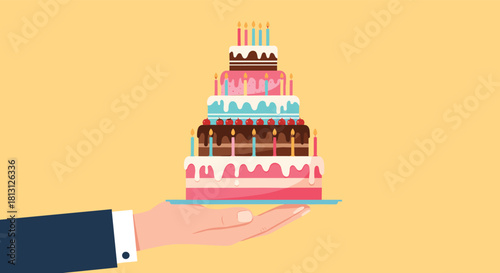 A hand presents a beautifully decorated, multi-tiered birthday cake with numerous colorful candles, symbolizing celebration and joy on a special occasion.