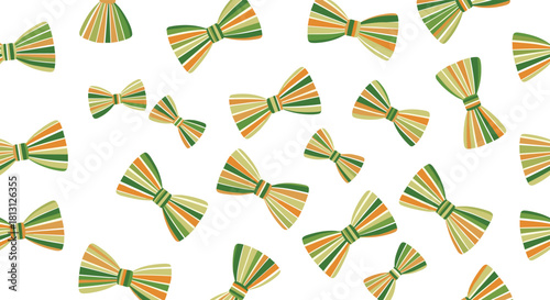 A cheerful and festive seamless pattern of green and orange striped bow ties in various sizes and angles on a clean white background.