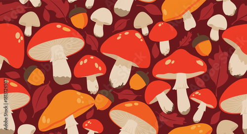 Autumn seamless pattern with colorful mushrooms, acorns, and leaves on a dark red background, creating a cozy forest illustration.
