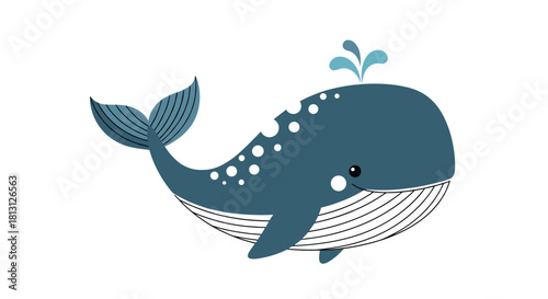 A cheerful cartoon blue whale with white spots spouting water and smiling, presented on a clean white background.