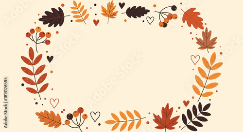 Delightful autumnal wreath illustration featuring colorful fall leaves, berries, and hearts arranged in an elegant oval frame.