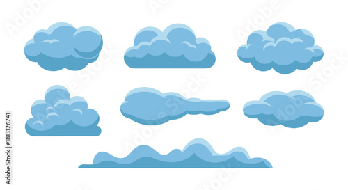 A collection of diverse blue cloud icons in a flat design style, suitable for weather applications, digital art, and graphic design projects.