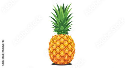 A vibrant, ripe pineapple with green leaves and a textured skin, standing upright on a clean white background.
