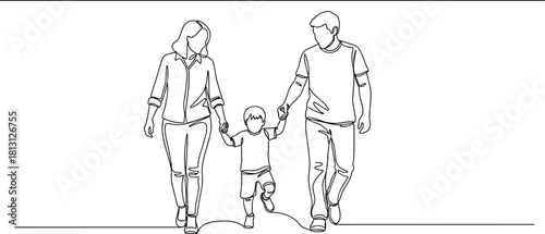 Continuous Line Art Vector Illustration of a Young Family Walking Together Hand-in-Hand, Symbolizing Parenthood, Childhood, Love, Security, and Happy Family Life