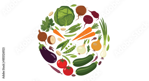 A vibrant circular arrangement of fresh, colorful, and healthy organic vegetables and produce, featuring diverse ingredients for a nutritious diet.