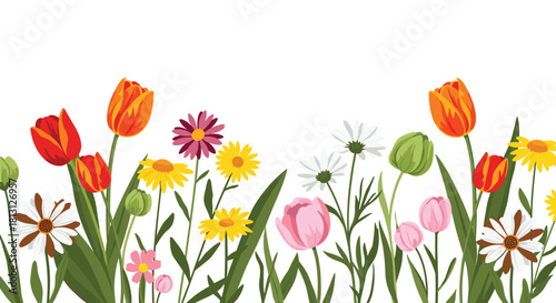 Cheerful illustration of a lively spring flower garden border featuring various colorful tulips, daisies, and small blossoms on a white background.