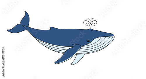 A friendly cartoon blue whale spouting water, swimming gracefully with light stripes on its belly.