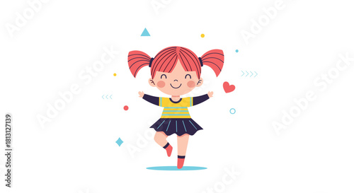 A cheerful cartoon girl with red pigtails smiles happily while standing on one leg, surrounded by a whimsical array of colorful geometric shapes.
