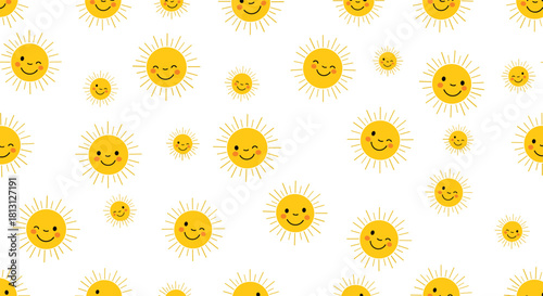 Cute cartoon suns with happy faces and winks create a cheerful seamless pattern on a white background.