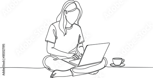 Continuous Line Art Vector Illustration of a Woman Working on a Laptop While Sitting Cross-legged, Symbolizing Remote Work, Casual Computing, Education, and Freelance Lifestyle