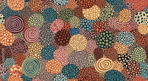 A vibrant, abstract seamless pattern featuring a multitude of overlapping circles in earthy tones, each adorned with unique dot and spiral textures.