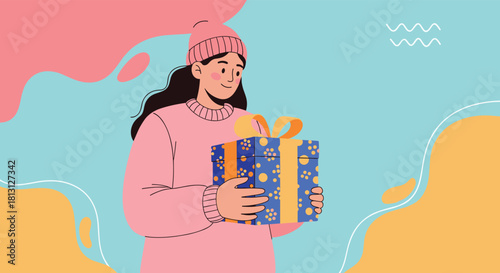 A happy young woman in a pink sweater and beanie hat holds a decorated gift box with a yellow ribbon, set against a vibrant abstract background.