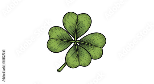 Classic hand-drawn illustration of a vibrant green four-leaf clover, featuring a detailed, textured style, symbolizing luck and prosperity.