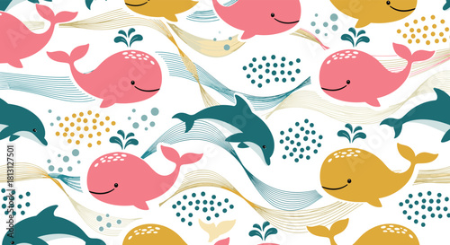 Playful marine life seamless pattern featuring cute pink and yellow whales with teal dolphins on a white background.