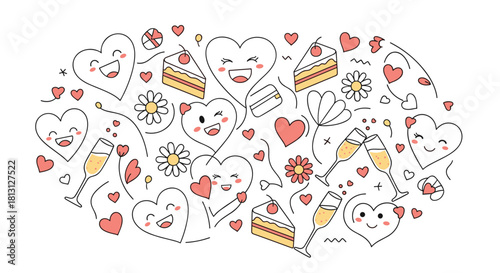 A playful and sweet doodle illustration celebrating love, happiness, and special moments with hearts, cakes, and champagne.