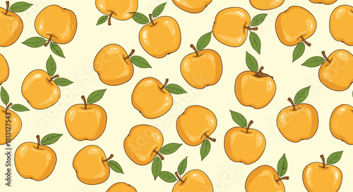 Seamless pattern of yellow apples with green leaves scattered on a light beige background, illustrating freshness and natural produce.
