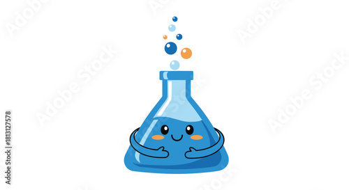 Cute cartoon blue science flask with a happy face and arms, emitting colorful bubbles, symbolizing fun and friendly chemistry education.