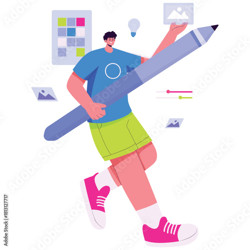 Creative Tech Illustration. Vector illustration of Young creator with giant pen editing images and colors in a modern digital workspace. Isolated on background