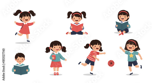 Adorable cartoon kids illustration showing a variety of activities including reading books, playing with a ball, and having fun.