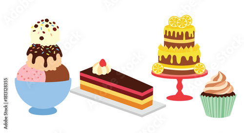 Delicious assortment of desserts including ice cream, layered cake, lemon tiered cake, and a cupcake, perfect for sweet cravings.
