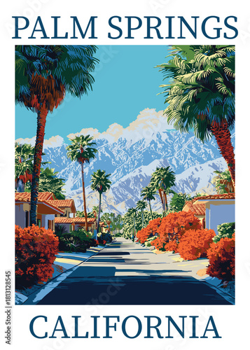 Palm Springs, California vintage travel poster vector illustration featuring desert street and snowy mountains
