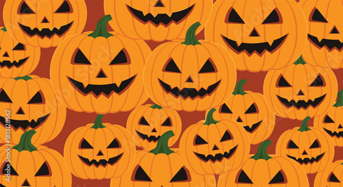 A festive and spooky seamless pattern of orange jack-o'-lanterns with carved faces, perfect for Halloween decorations and backgrounds.