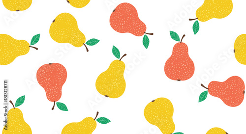 A vibrant and playful seamless pattern featuring an assortment of yellow and reddish-orange textured pears with green leaves on a white background.