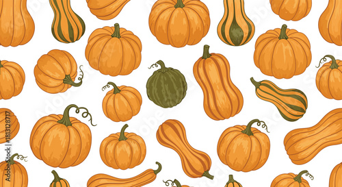 A vibrant seamless pattern features a variety of cartoon-style orange and green pumpkins and gourds, perfect for autumn and harvest season designs.