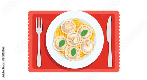 Top-down view of spaghetti and dumplings with fresh basil on a white plate, accompanied by a fork and knife on a red placemat.