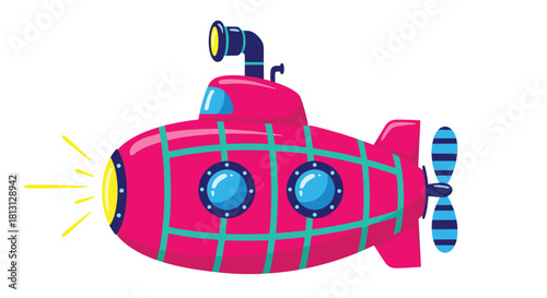 A whimsical, brightly colored pink cartoon submarine with a periscope, round windows, a headlight, and a propeller on a white background.