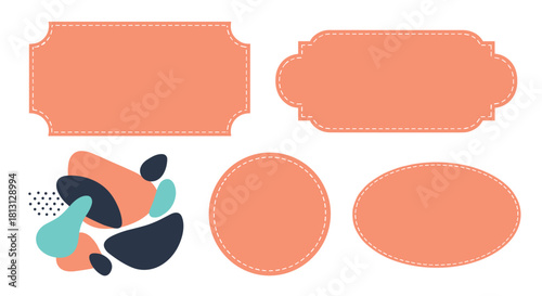 A collection of modern abstract shapes in various colors and blank peach-colored labels with dashed outlines.