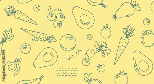 Seamless pattern of outline drawings featuring a variety of fresh fruits and vegetables like carrots, avocados, and blueberries on a pale yellow background.