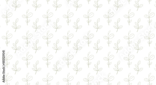 A delicate seamless pattern of hand-drawn leafy sprigs in a soft, muted green on a white background, creating a serene and understated botanical design.