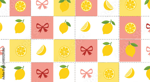 Cheerful seamless pattern with fresh yellow lemons, bright slices, and decorative pink and red bows arranged in a vibrant grid design.