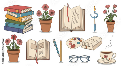 A delightful collection of books, art supplies, and comforting elements for a cozy and intellectual lifestyle.