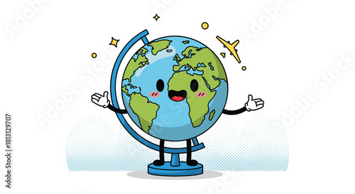 Happy animated globe character with an airplane and sparkling elements, symbolizing world travel, education, and global adventure.