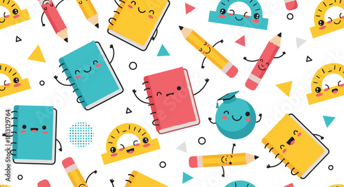 Seamless pattern of cute school supplies featuring happy cartoon books, pencils, rulers, and a graduation cap on a white background.