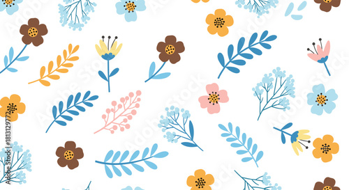 Vibrant botanical seamless pattern featuring cute hand-drawn flowers and leaves on white.