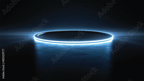 Futuristic platform with glowing blue neon ring for product showcase