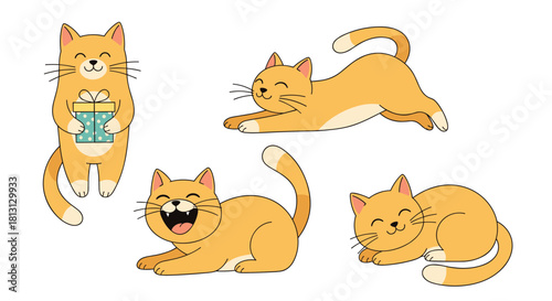 Cute orange cartoon cats in a variety of cheerful poses and expressions, including a cat holding a gift, stretching, laughing, and sleeping.